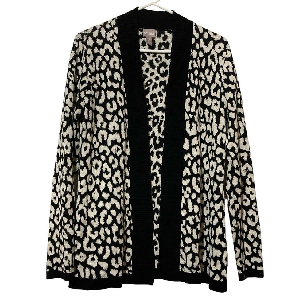 Chico's Open Front Cardigan Sweater S/M Black White Sparkly Print Cotton Blend